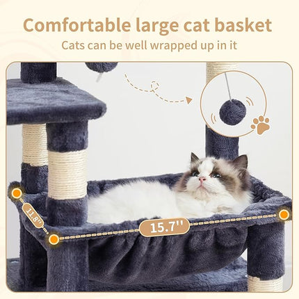 Heybly Cat Tree, Kitten Tower with Large Soft Cat Basket HCT008SG | Cat Condo with Spacious Cat Bed Cave with Hidden Space, Sisal Scratching Posts, Dangling Ball for Indoor Cats, Smoky Gray