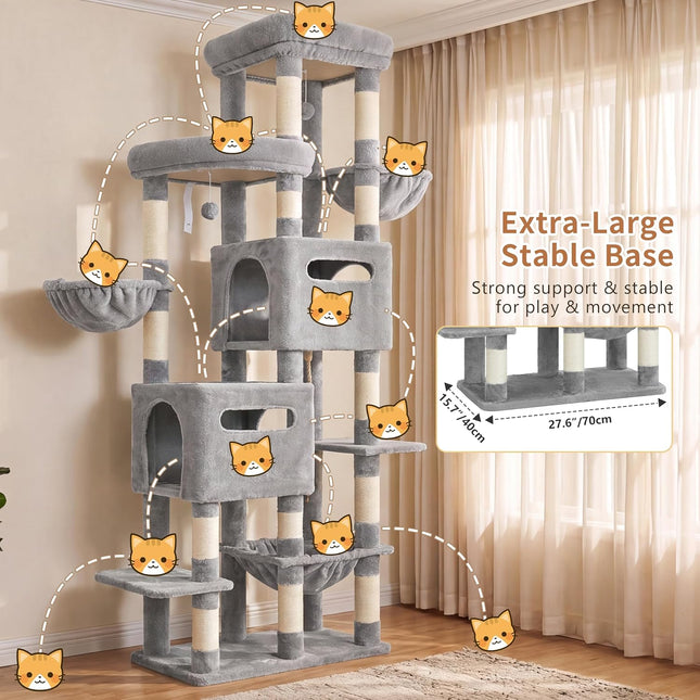 Heybly Cat Tree, 74.8-Inch Spacious & Tall Cat Tower for Large Cats,2 Cat Condos, Hanging Hammock, Light Gray