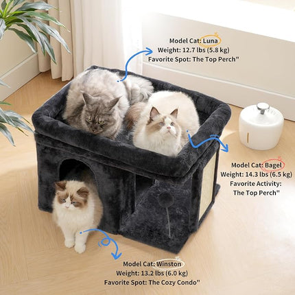 2+ Heybly Cat Tree, 14 inch Cat Tower with Large Perch Bed and Cat Condo for Indoor Cats Large Adult, Cat House with Scratching Posts and Interactive Spring Balls for Your Kittens, Smoky Gray