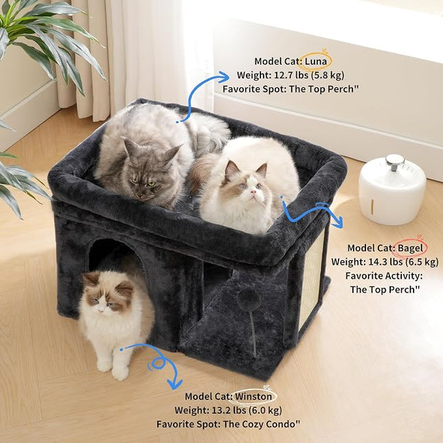 2+ Heybly Cat Tree, 14 inch Cat Tower with Large Perch Bed and Cat Condo for Indoor Cats Large Adult, Cat House with Scratching Posts and Interactive Spring Balls for Your Kittens, Smoky Gray