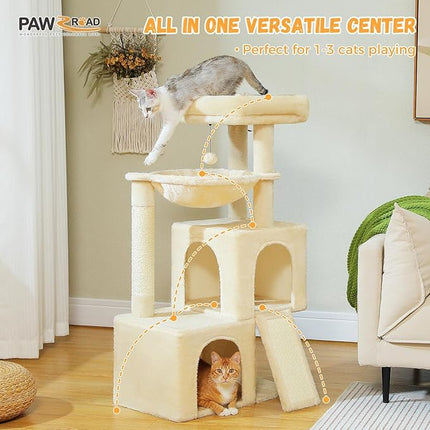 PAWZ Road Cat Tree for Indoor Cats,104cm Cat Tower with 2 Spacious Condos, Multi-Level Cat Condo House ,Beige