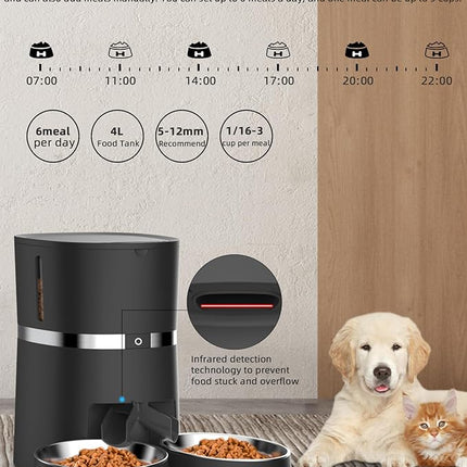 Automatic Cat Feeder, WellToBe Pet Feeder Food Dispenser for Cat & Small Dog with Two-Way Splitter and Double Bowls, up to 6 Meals with Portion Control