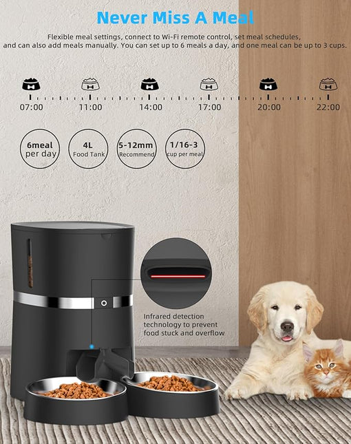 Automatic Cat Feeder, WellToBe Pet Feeder Food Dispenser for Cat & Small Dog with Two-Way Splitter and Double Bowls, up to 6 Meals with Portion Control