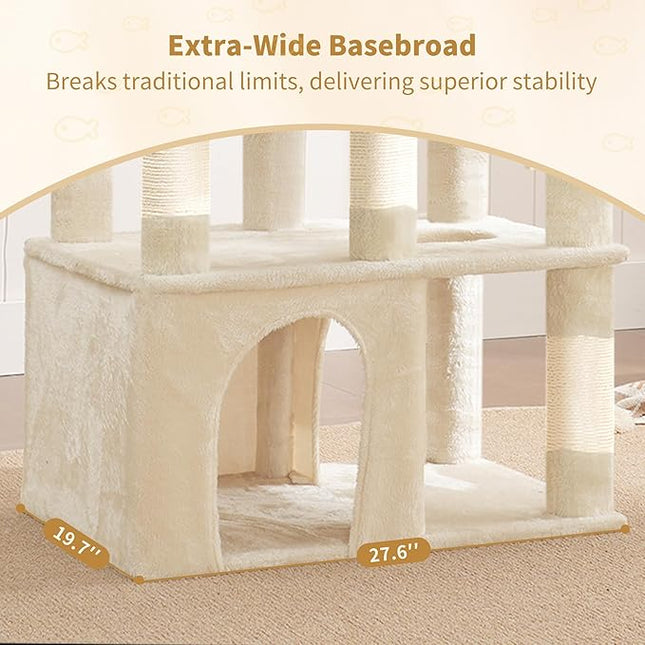 Heybly Cat Tree, 180cm Tall Cat Tower for Large Maine Coon Cats with Extra-Large Baseboard, Beige HCT037M