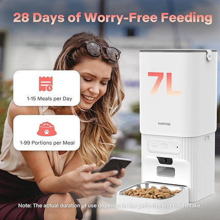 Yuposl Automatic Cat Feeder with Camera, 7L Anti-Jam Cat Food Dispenser, 1080P HD Video with Night Vision, 5G WiFi Automatic Dog Feeder, 1-15 Meals, 1-99 Portions