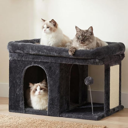 2+ Heybly Cat Tree, 14 inch Cat Tower with Large Perch Bed and Cat Condo for Indoor Cats Large Adult, Cat House with Scratching Posts and Interactive Spring Balls for Your Kittens, Smoky Gray
