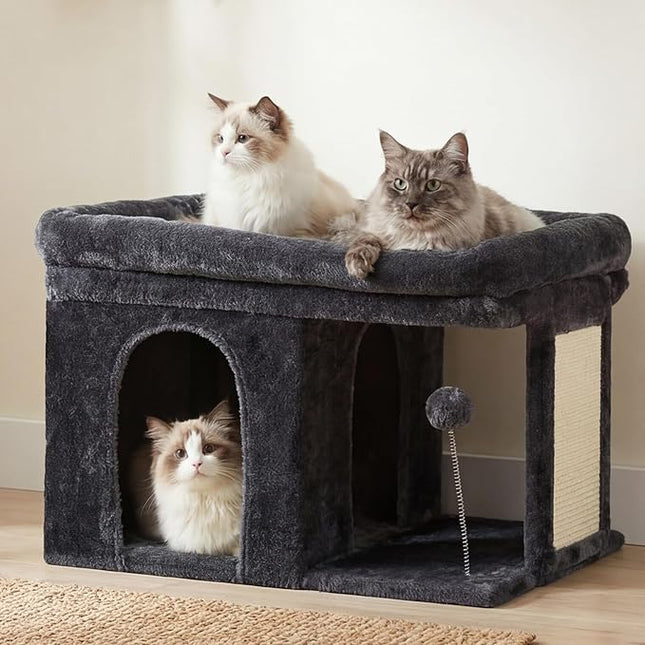 2+ Heybly Cat Tree, 14 inch Cat Tower with Large Perch Bed and Cat Condo for Indoor Cats Large Adult, Cat House with Scratching Posts and Interactive Spring Balls for Your Kittens, Smoky Gray