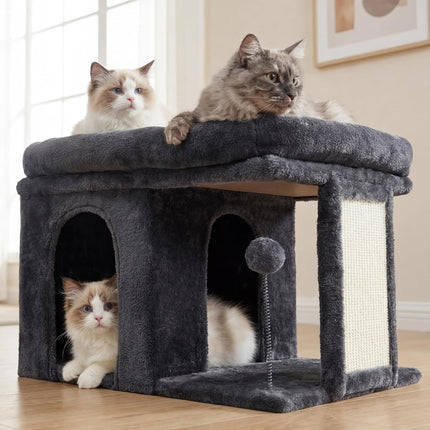 2+ Heybly Cat Tree, 14 inch Cat Tower with Large Perch Bed and Cat Condo for Indoor Cats Large Adult, Cat House with Scratching Posts and Interactive Spring Balls for Your Kittens, Smoky Gray