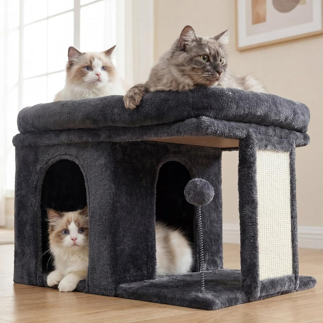 2+ Heybly Cat Tree, 14 inch Cat Tower with Large Perch Bed and Cat Condo for Indoor Cats Large Adult, Cat House with Scratching Posts and Interactive Spring Balls for Your Kittens, Smoky Gray