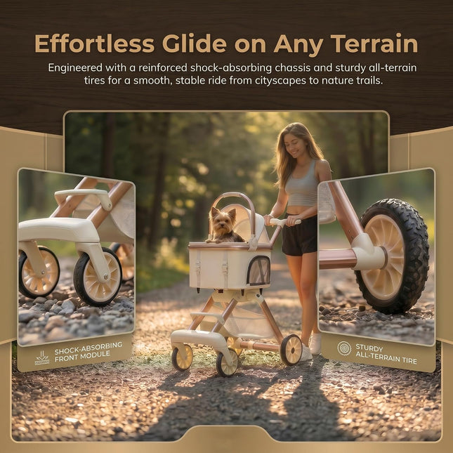 Pet Stroller for Small Medium Dogs & Cats, 20 lbs Capacity - Portable Carrier with One-Touch Brake,KHAKI
