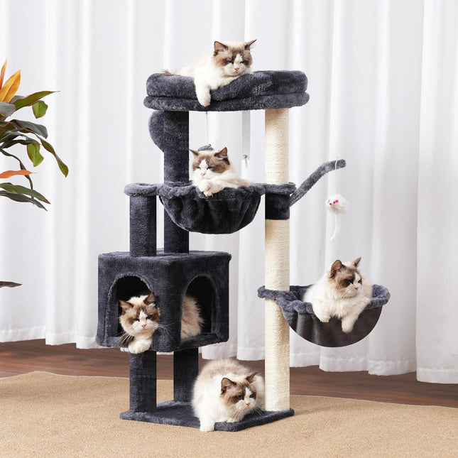 Heybly Cat Tree, 100 cm Small Cat Scratching Post with Large Platform, Cave 2 Hammocks