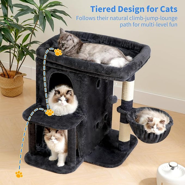 Heybly 26.3" Cat Tree for Large Cats with Big Perch & Dual Condos HCT204SG | 26.3-inch Spacious Cat Tower with Scratching Posts, Stair-Style Cat House Furniture with Cozy Basket & Pompom, Smoky Gray