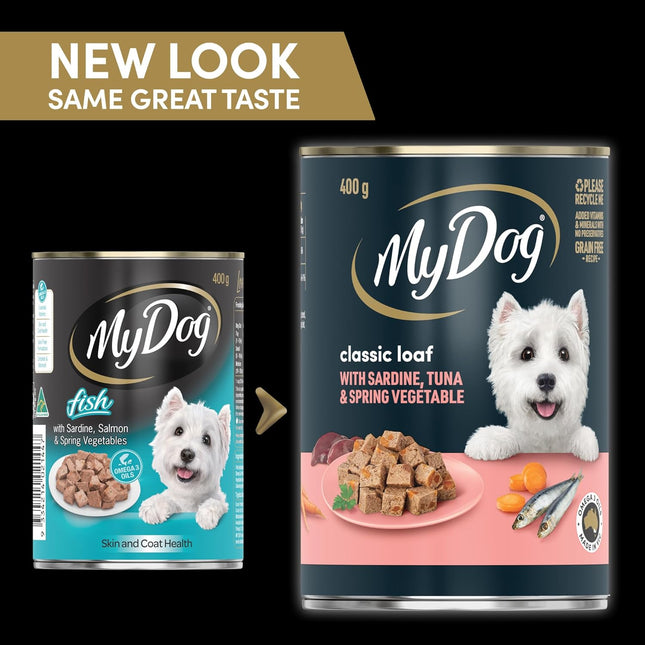 MY DOG Adult Wet Dog Food Sardines, Tuna and Spring Vegetable 400g Can, 24 Pack