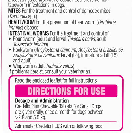 Credelio Plus Dog Flea and Tick Treatment, Six Pack, Ticks, Fleas, Mites, Heartworm & Worms Parasite Protection, in The Smallest Monthly Chewable Tablet for Dogs > 2.8-5.5 kg, 6 Pack