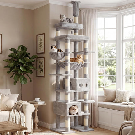 Heybly Floor to Ceiling Cat Tree, Large Cat Tower, 2 Cat Condos,Light Gray