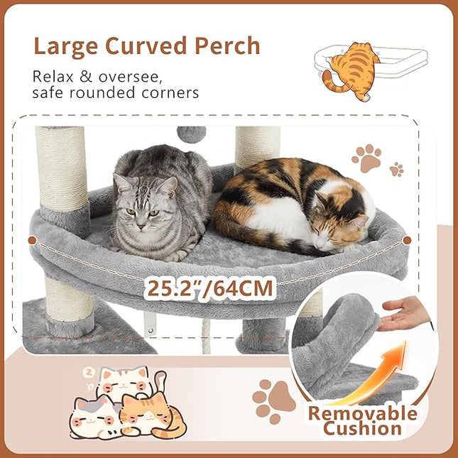 Heybly Cat Tree, 188cm Streamlined Cat Tower for Large Cats with 3-Tier,Light Gray