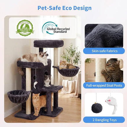 Heybly Cat Tree with Reinforced Big Base, 105cm Sturdy Cat Tower for Indoor Cats ,Smoky Gray