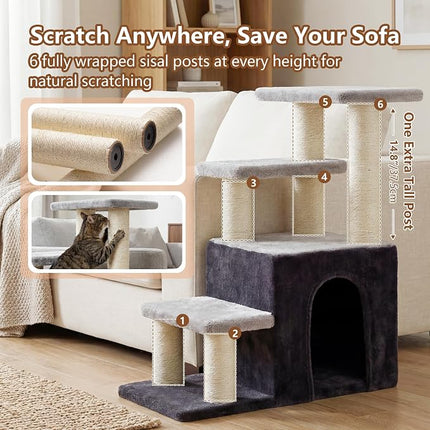 Heybly Cat Scratching Post, Sturdy Pet Stairs & Steps for Indoor Cats and Dogs, Small Cat Tree with Cat Condo,Light Gray