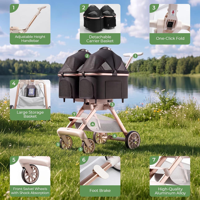 Double Pet Stroller with Detachable Carriers,Ideal for 2 Dogs or Cats,Small/Medium Pets,Black