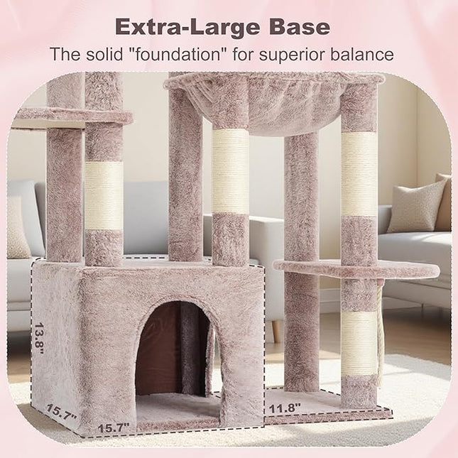 Heybly Heavy Duty Cat Tree, Tower for Indoor Cats Large Adult, Tall Cat Condo House with Extra-Large Baseboard, Multi-Level Plush Furniture with Scratching Posts, Hammock,Toy Balls,Muchroom HCT026MU