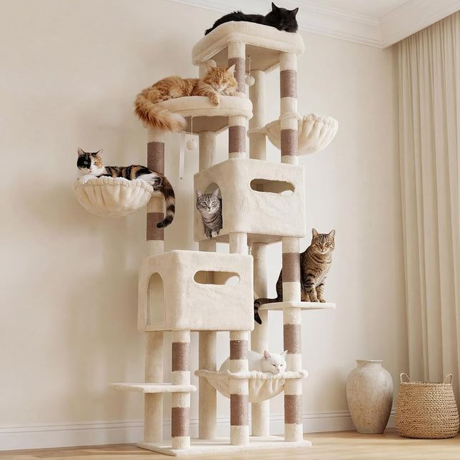 Heybly Cat Tree, 190cm Spacious & Tall Cat Tower for Large Cats,  2 Cat Condos, Hanging Hammock, Durable Sisal Scratching Posts, Beige HCT062MJ