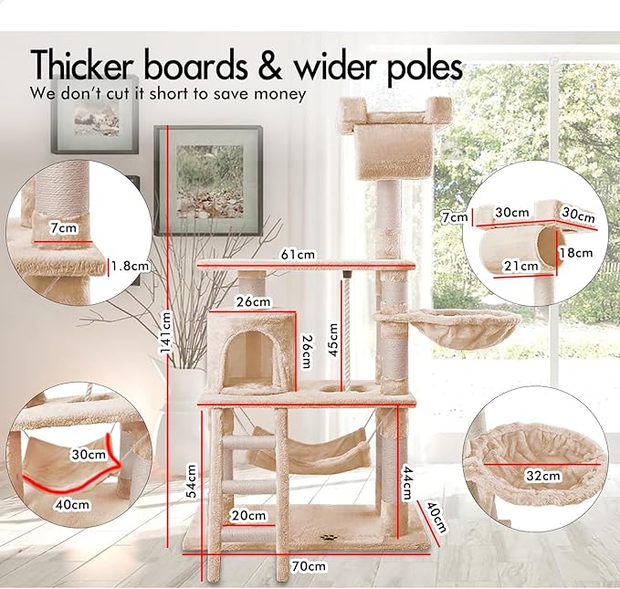 BEASTIE Cat Tree 141cm Tall, Multi-Level Wood Scratching Post Tower with Scratcher, Beige Colour