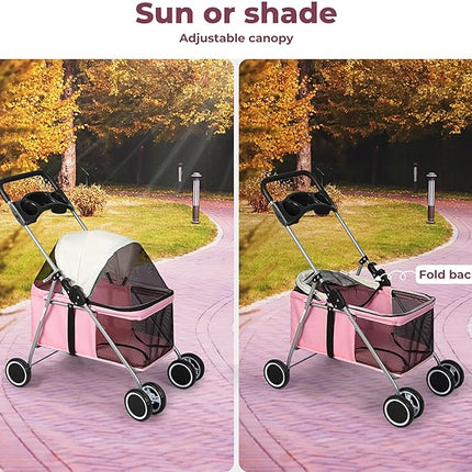 PaWz 4 Wheels Foldable Pet Stroller Dog Cat Travel Carrier Large Pink, Removable Canopy Dog Pram with 2 Safety Leash, Detachable Folding Pet Stroller Trolley for Cats Dogs, Pet Carrier with Wheels