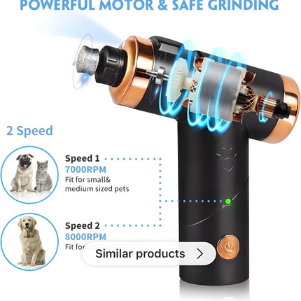 Quiet Dog and Cat Nail Grinder, LED Light, 2-Speed, Rechargeable, for Small to Large Pets