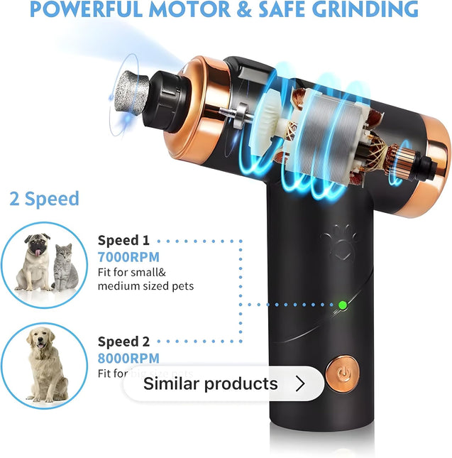 Quiet Dog and Cat Nail Grinder, LED Light, 2-Speed, Rechargeable, for Small to Large Pets