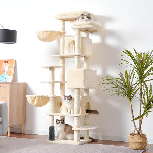 Hey-brother Cat Tree, 188 cm Multi-Level XL Large Cat Tower for Indoor Cats with Three Cat Condos, Beige MPJ035-MM