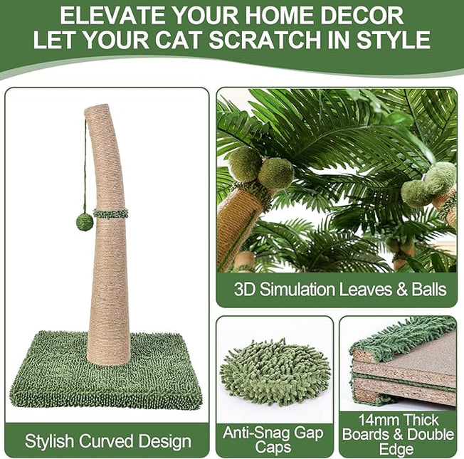 40'' Tall Cat Scratching Post Cat Tree, Curved Design Cat Scratcher Post with 3 Interactive Balls, Natural Sisal Rope