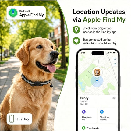 Dog Tracker, GPS Tracker for Dogs with Real-Time Location Tracking, No Monthly Fee or SIM, IP68 , iOS Only (Black)