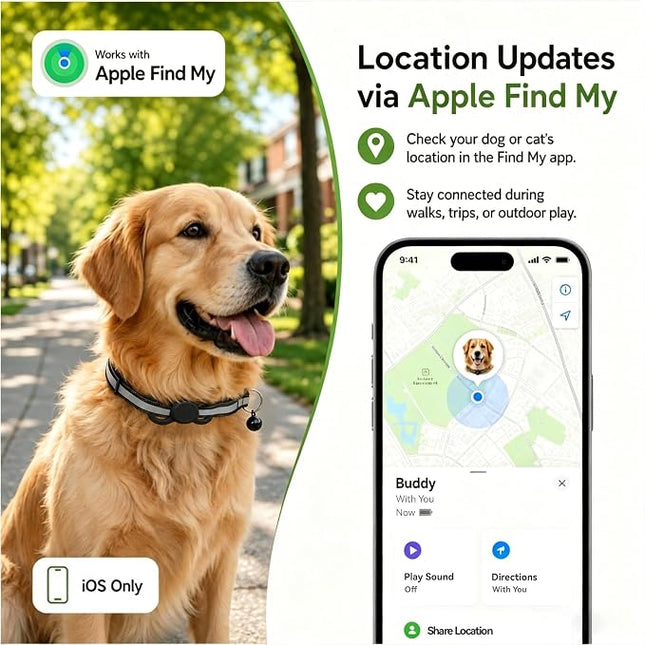 Dog Tracker, GPS Tracker for Dogs with Real-Time Location Tracking, No Monthly Fee or SIM, IP68 , iOS Only (Black)