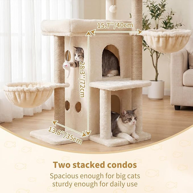 Heybly Cat Tree with Reinforced Big Base, 105cm Sturdy Cat Tower for Indoor Cats, Beige