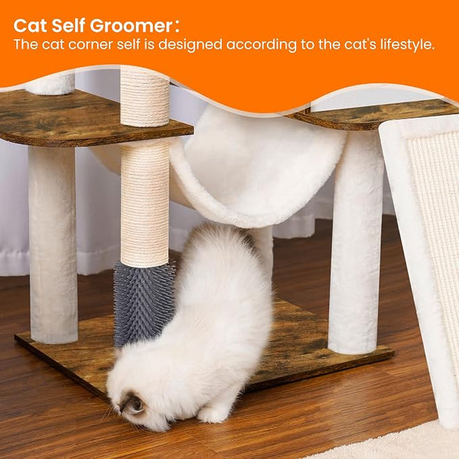 Heybly Wood Cat Tree for Indoor Cats, Cat Condo for Large Cats with Self Groomer,Rustic Brown