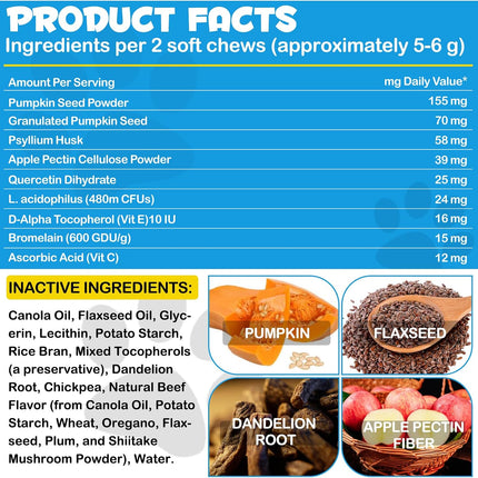 Anal Gland Support Soft Chews for Dogs - Pumpkin, Probiotics & Digestive Enzymes - Beef Flavour, 150 Count (375g)