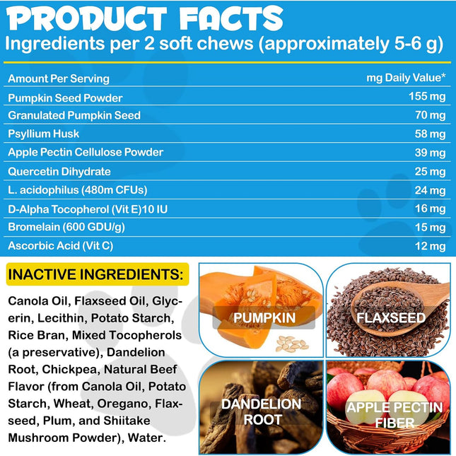 Anal Gland Support Soft Chews for Dogs - Pumpkin, Probiotics & Digestive Enzymes - Beef Flavour, 150 Count (375g)