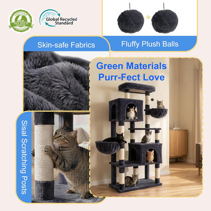 Heybly 173cm Heavy Duty Cat Tower for Large Indoor Cats with 2 Condos, 2 Hammocks, 10 Sisal Scratching Posts, Smoky Gray HCT059G