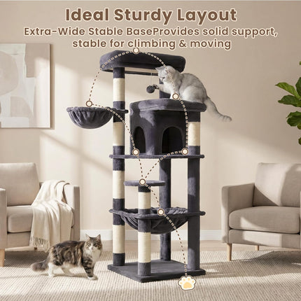 Heybly Cat Tree, 56" Multi-Level Easy Climb Tower for Large Cats HCT028G | Cat Furniture with 2 Perches, Cozy Hammock, Spacious Condo & Cat Basket, Durable Sisal Scratching Posts, Smoky Gray