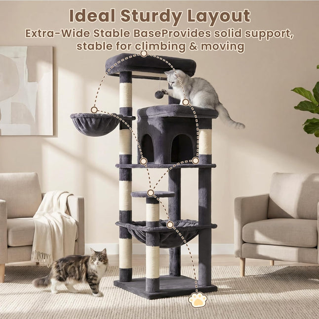 Heybly Cat Tree, 56" Multi-Level Easy Climb Tower for Large Cats HCT028G | Cat Furniture with 2 Perches, Cozy Hammock, Spacious Condo & Cat Basket, Durable Sisal Scratching Posts, Smoky Gray