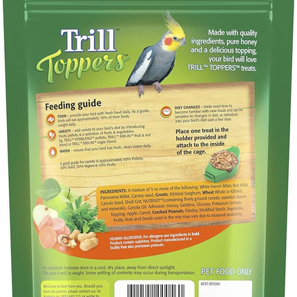 Trill Toppers Bird Treats, 40 Pack – Individual Pet Bird Food with Carrot, Peanut, Apple & Parsley toppings – Bird Seed disks with Millet, Canary Seeds, Pure Honey.
