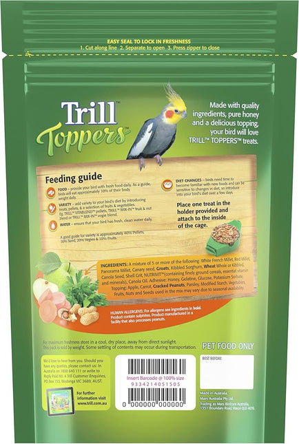 Trill Toppers Bird Treats, 40 Pack – Individual Pet Bird Food with Carrot, Peanut, Apple & Parsley toppings – Bird Seed disks with Millet, Canary Seeds, Pure Honey.