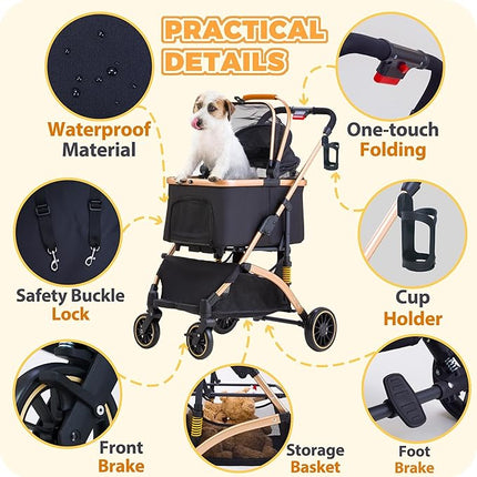 Dog Stroller for Small Medium Dogs Up to 50lbs, Lightweight Pet Stroller for Dogs Cats with 6 Shock Absorption System, Detachable Carrier Suitable for Car Seat & Hand Carry, Safe Outings