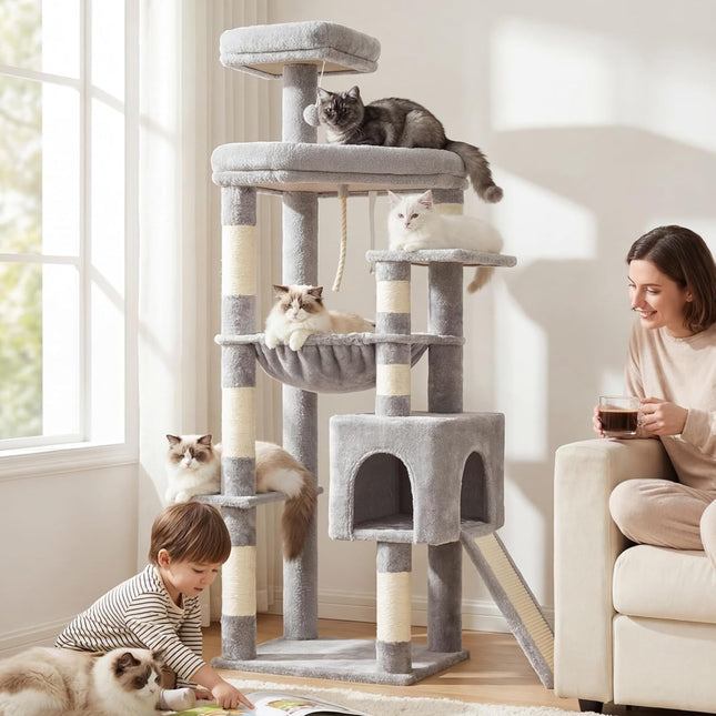 Heybly Heavy Duty Cat Tree, 64.2-Inch Tall Tower for Large Indoor Cats with Widened Structure,Extra-Large Hammock, Light Gray HCT027W