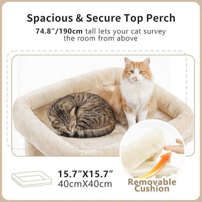 Heybly Cat Tree, 190cm Spacious & Tall Cat Tower for Large Cats,  2 Cat Condos, Hanging Hammock, Durable Sisal Scratching Posts, Beige HCT062MJ
