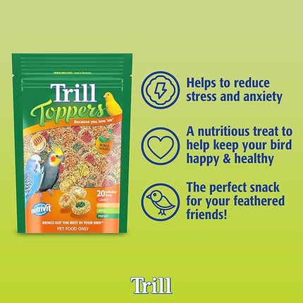 Trill Toppers Bird Treats, 40 Pack – Individual Pet Bird Food with Carrot, Peanut, Apple & Parsley toppings – Bird Seed disks with Millet, Canary Seeds, Pure Honey.