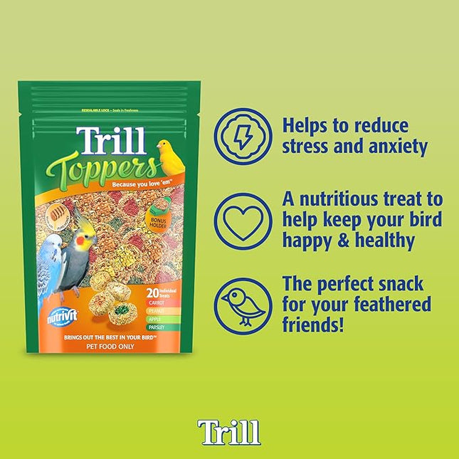 Trill Toppers Bird Treats, 40 Pack – Individual Pet Bird Food with Carrot, Peanut, Apple & Parsley toppings – Bird Seed disks with Millet, Canary Seeds, Pure Honey.