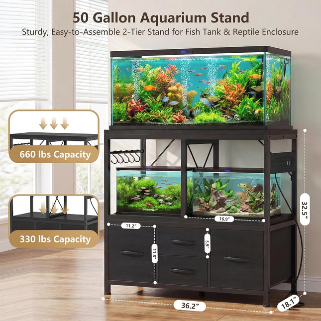 Heybly 40-50 Gal Fish Tank Stand with Drawer, Power Outlet, Black HAS004BK | Aquarium Stand, Heavy Duty, for Fish Tank, Turtle & Reptile Terrarium, 36.2" L × 18.1" Top, 660lbs (Top)+330lbs(Mid)