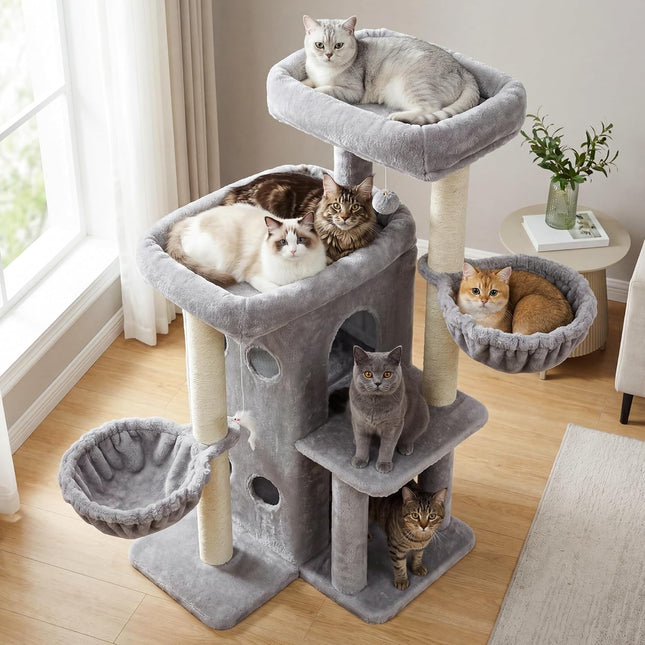 Heybly Cat Tree with Reinforced Big Base, 105cm Sturdy Cat Tower for Indoor Cats, Light Gray