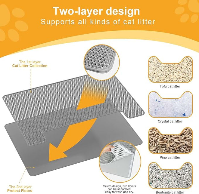 XL 70x58cm Cat Litter Mat – Double Layer Litter Trapping Mat with Cleaning Brush